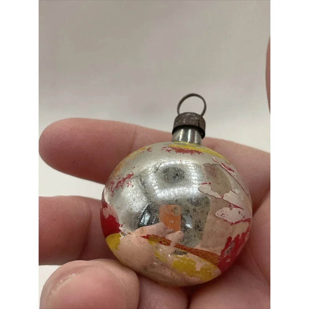 2 Vintage Mercury Glass Painted Christmas Ornaments Floral Striped Holiday Tree